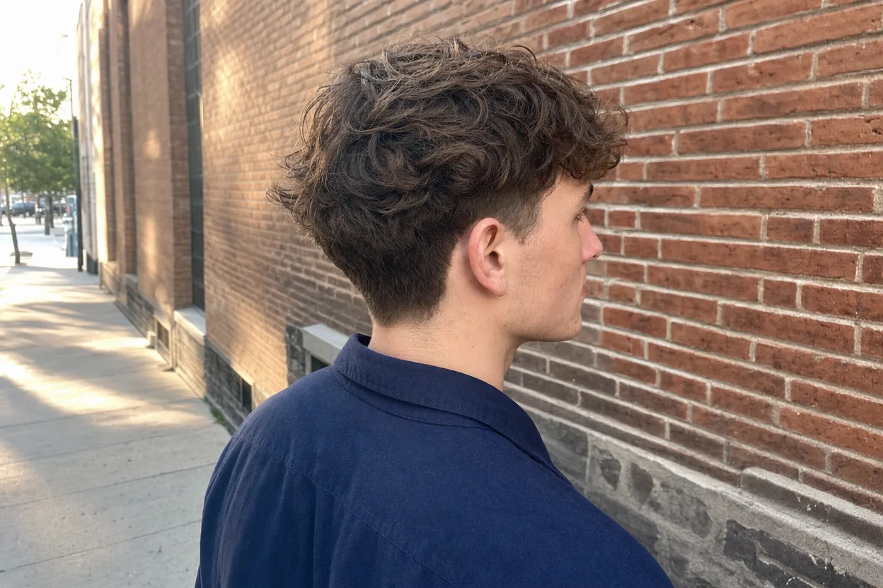 Rear three-quarter view of a man with loose chestnut brown waves and a tapered back, on a city sidewalk