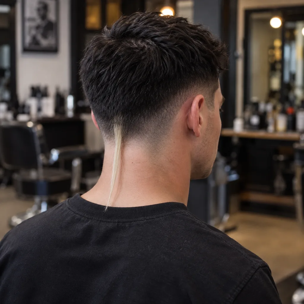 Rear three-quarter view of a man with short jet black hair and a single bleached platinum rat tail at his nape