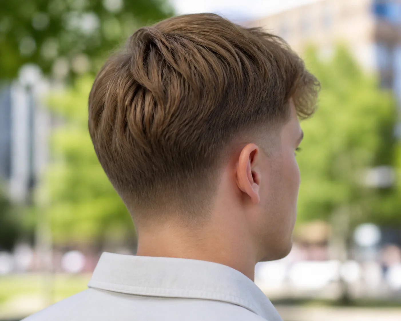 Rear three-quarter view of a man's head in a park, the longer hair on top stopping at a line level with the top of the ear and graduating short around the side and back to a rounded nape