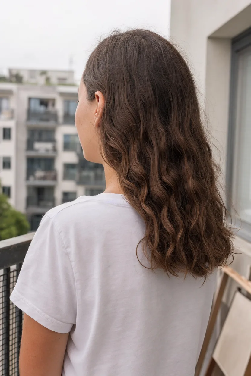Rear three quarter view of a woman on a balcony with mid brown hair past her shoulders, flat at the crown and waving from ear level down