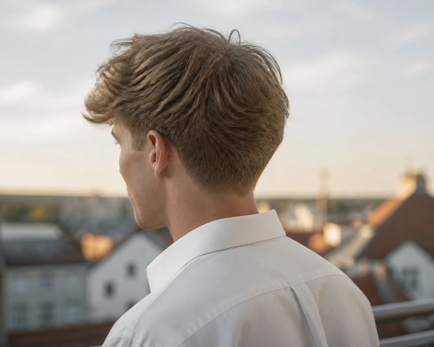 Rear three quarter view of a young man in a white shirt, dirty blonde hair shortening gradually into a soft nape with no hard line and full weight kept on top