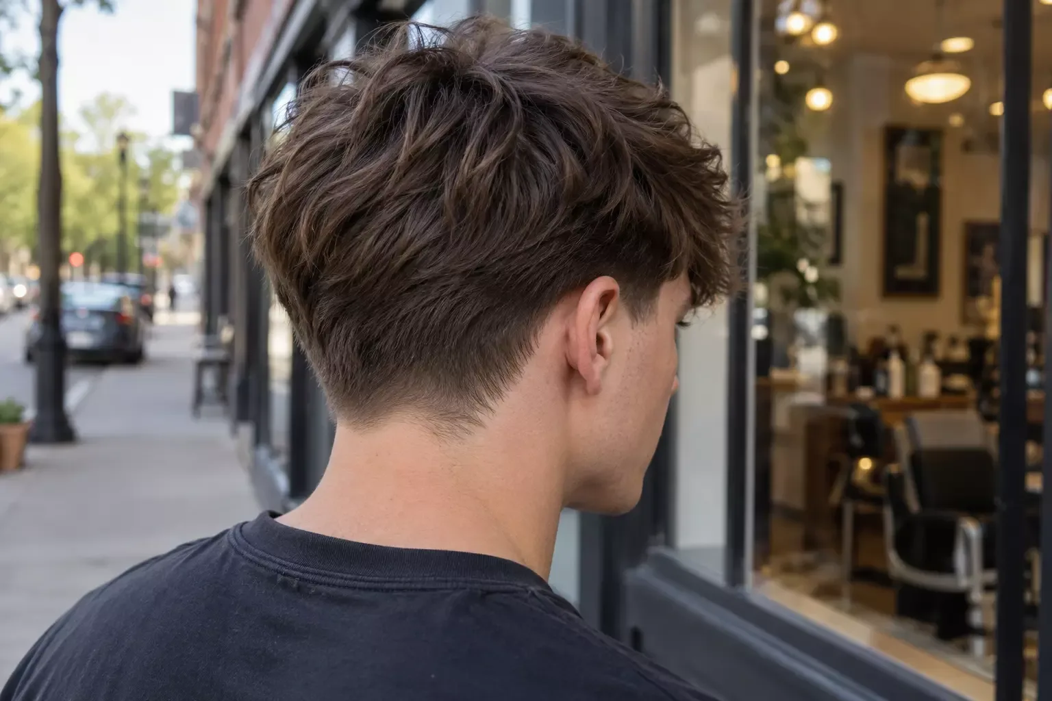 Rear three-quarter view of a young man with a dark brown textured top and a low taper at the nape, outside a barbershop