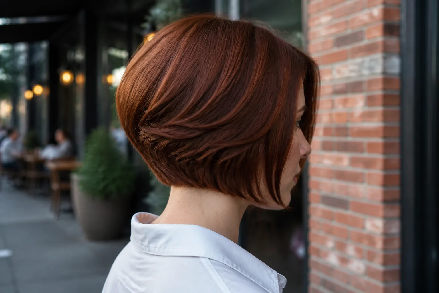 Rear three-quarter view of an auburn stacked bob with a rounded shelf of volume at the back, on a city sidewalk