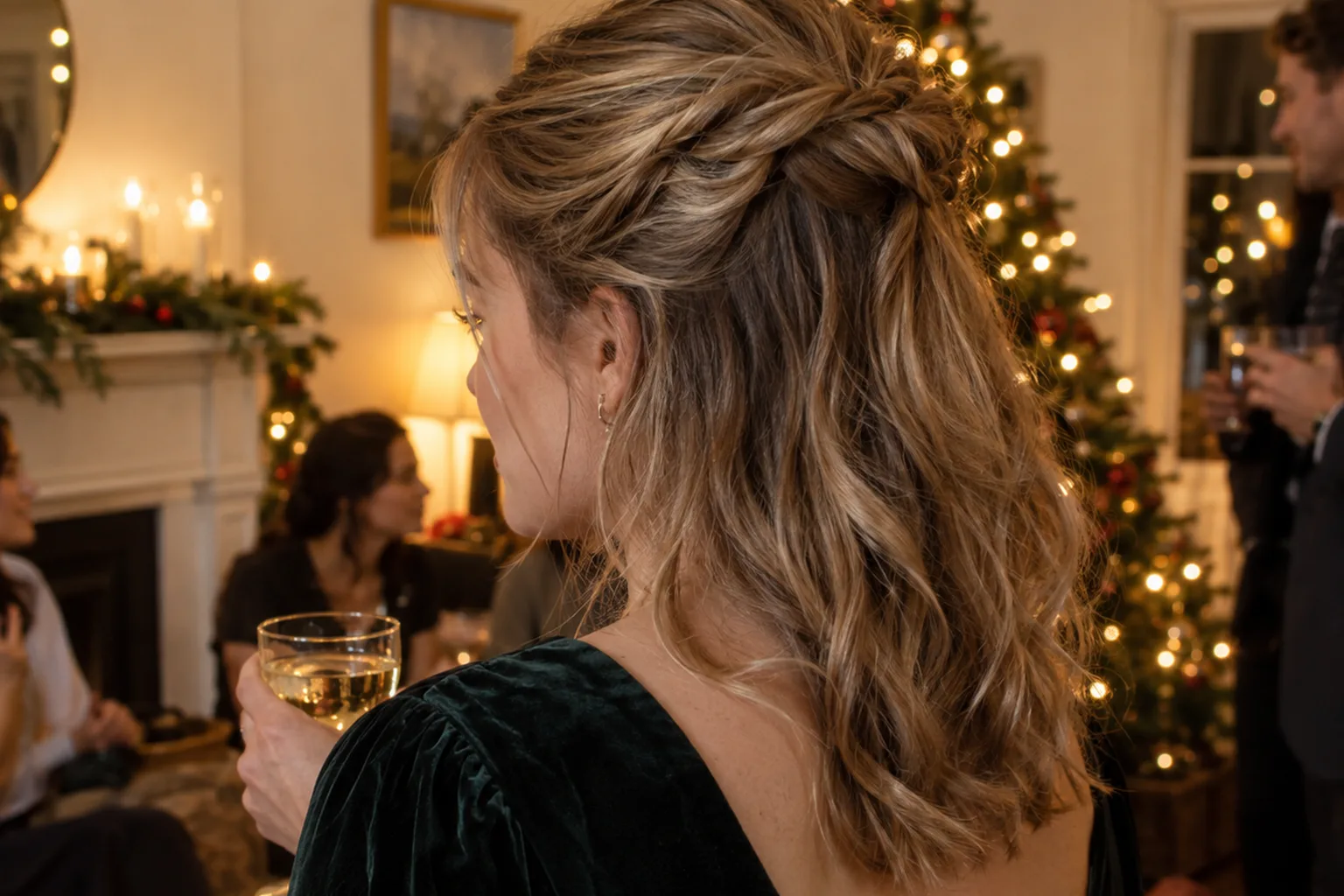 Rear three-quarter view of a woman with honey blonde shoulder-length hair in a half-up twisted crown, the lower half left in loose waves