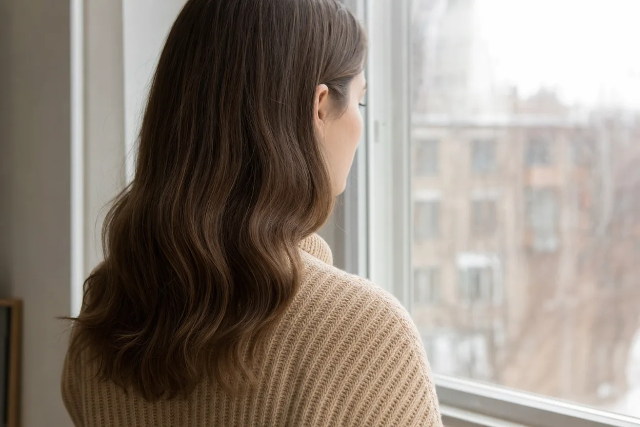 Rear three quarter view of mid brown hair to the shoulder blades, straight past the ear then bending into two wide shallow S waves