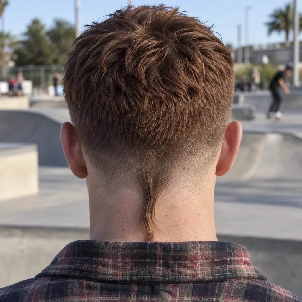 Rear view of a man at a skate park with an auburn textured top, a low taper and a short thin rat tail reaching the top of his flannel collar