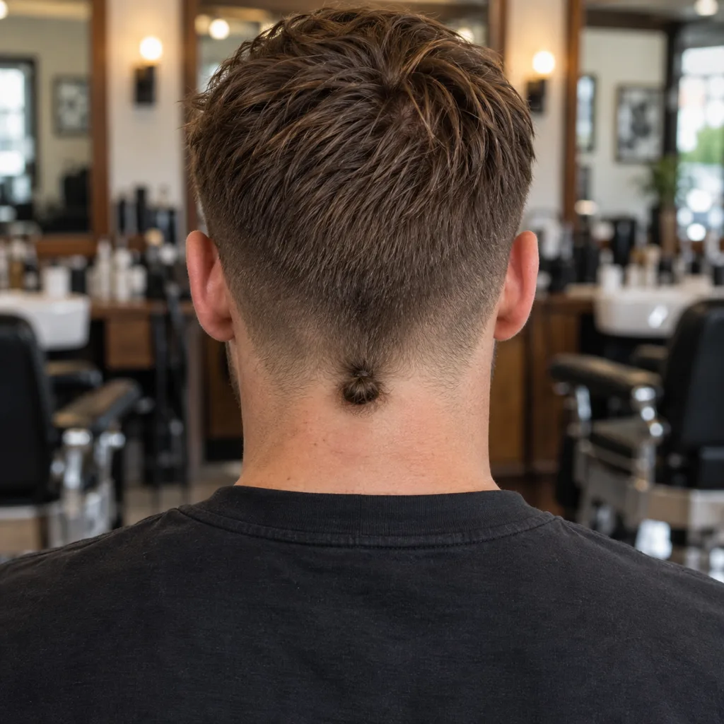 Rear view of a man in a barbershop with a mid brown textured top, a low taper and a small knotted bun at the center of his nape