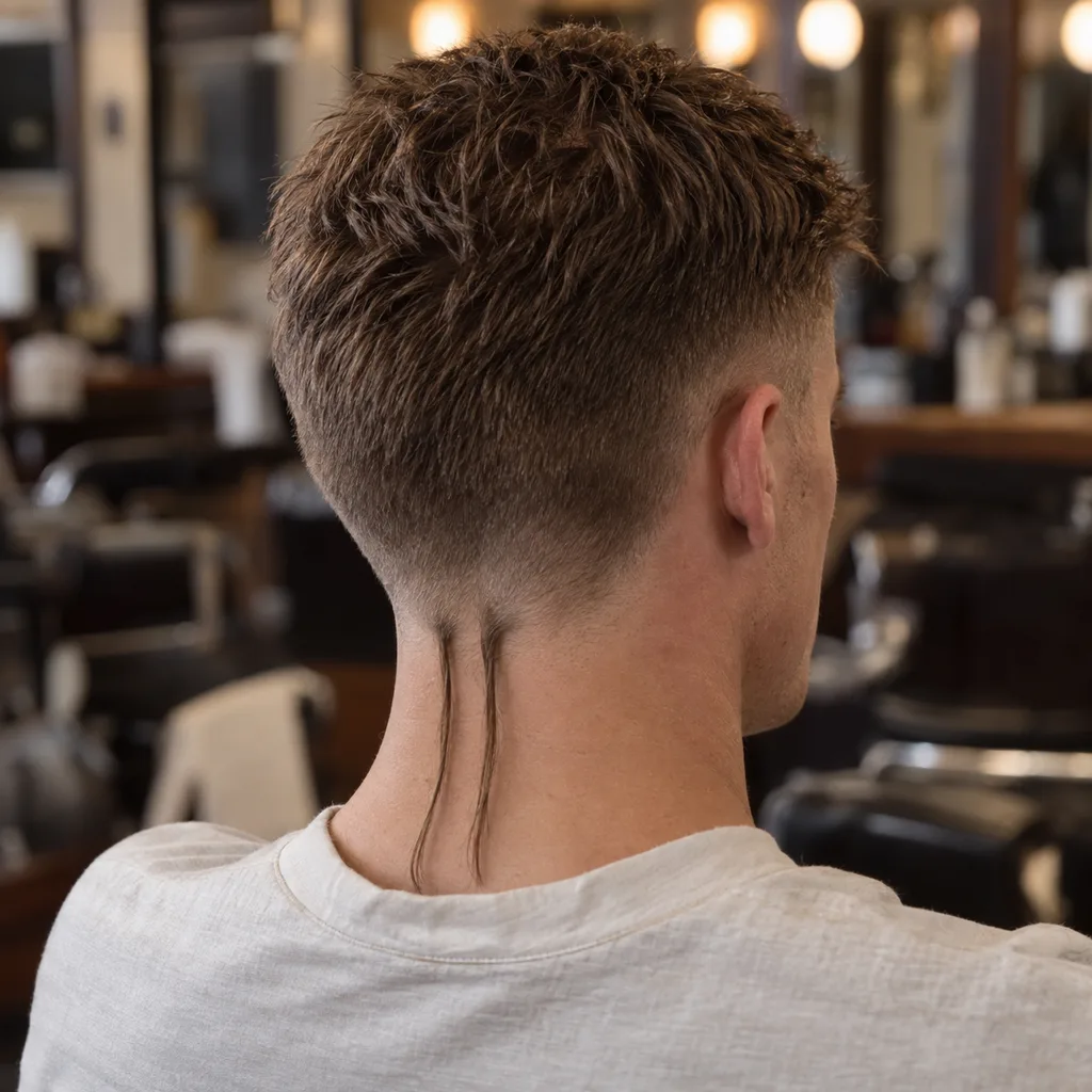 Rear view of a man with a brown textured top and low taper with two thin rat tails side by side at the center of his nape