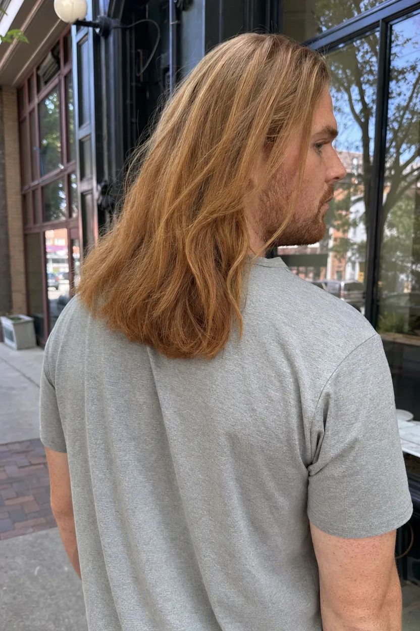 Rear view of a man with long ginger hair falling below his shoulders in one length with soft ends, on a city sidewalk