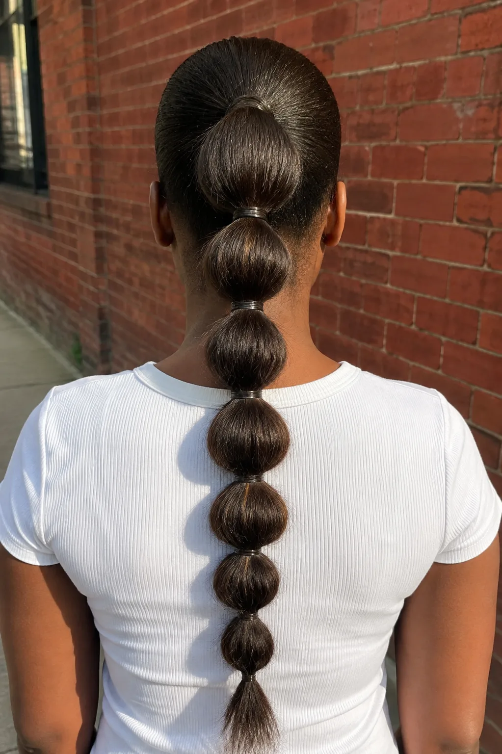 Rear view of a woman on a sunlit sidewalk with a single high bubble ponytail running down the centre of her back, seven rounded puffs separated by small dark elastics