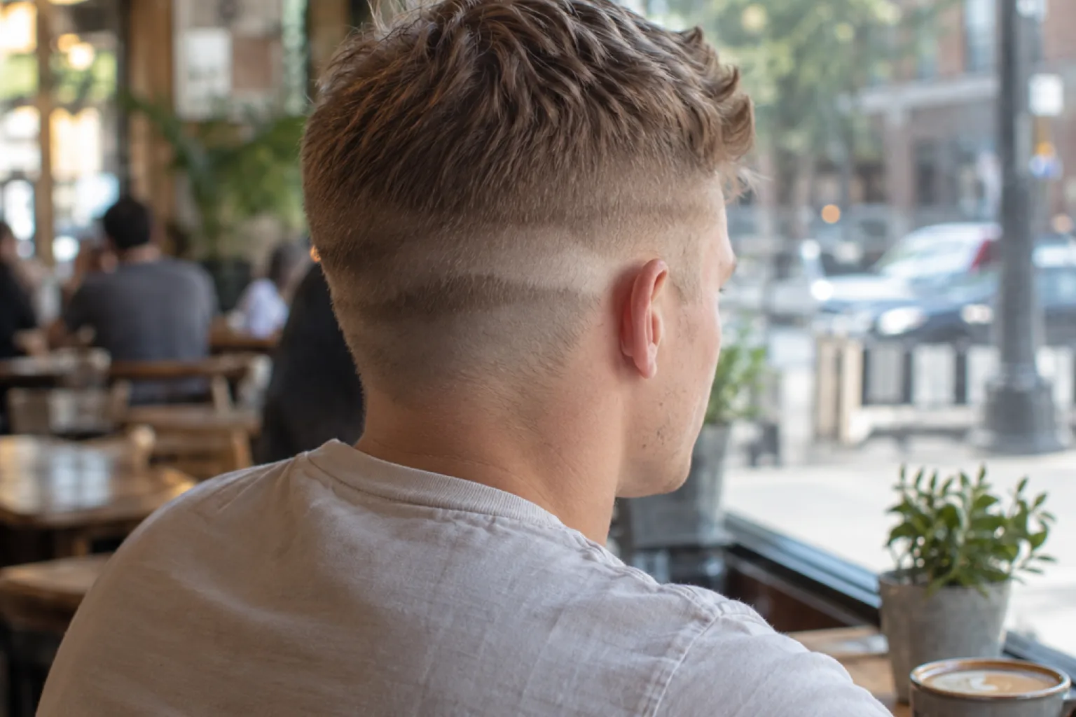 Rear view of a young man with dirty blonde hair in a cafe, his fade showing a visible horizontal band and step line around the back of the head