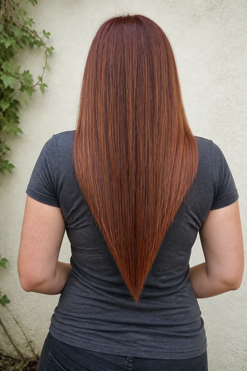 Rear view of long auburn hair in front of a pale stucco wall, cut in a deep V with the sides short and the length converging to a point low on her back