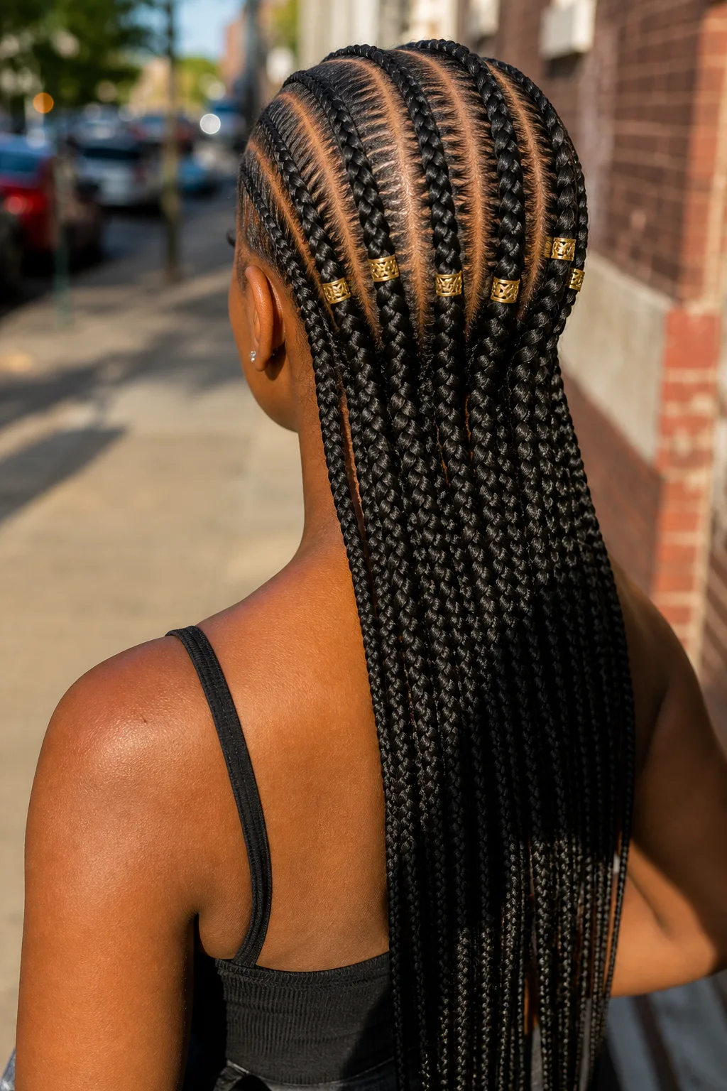 Rear view of long black braids with scalp cornrows feeding into loose individual braids and gold cuffs along the release line