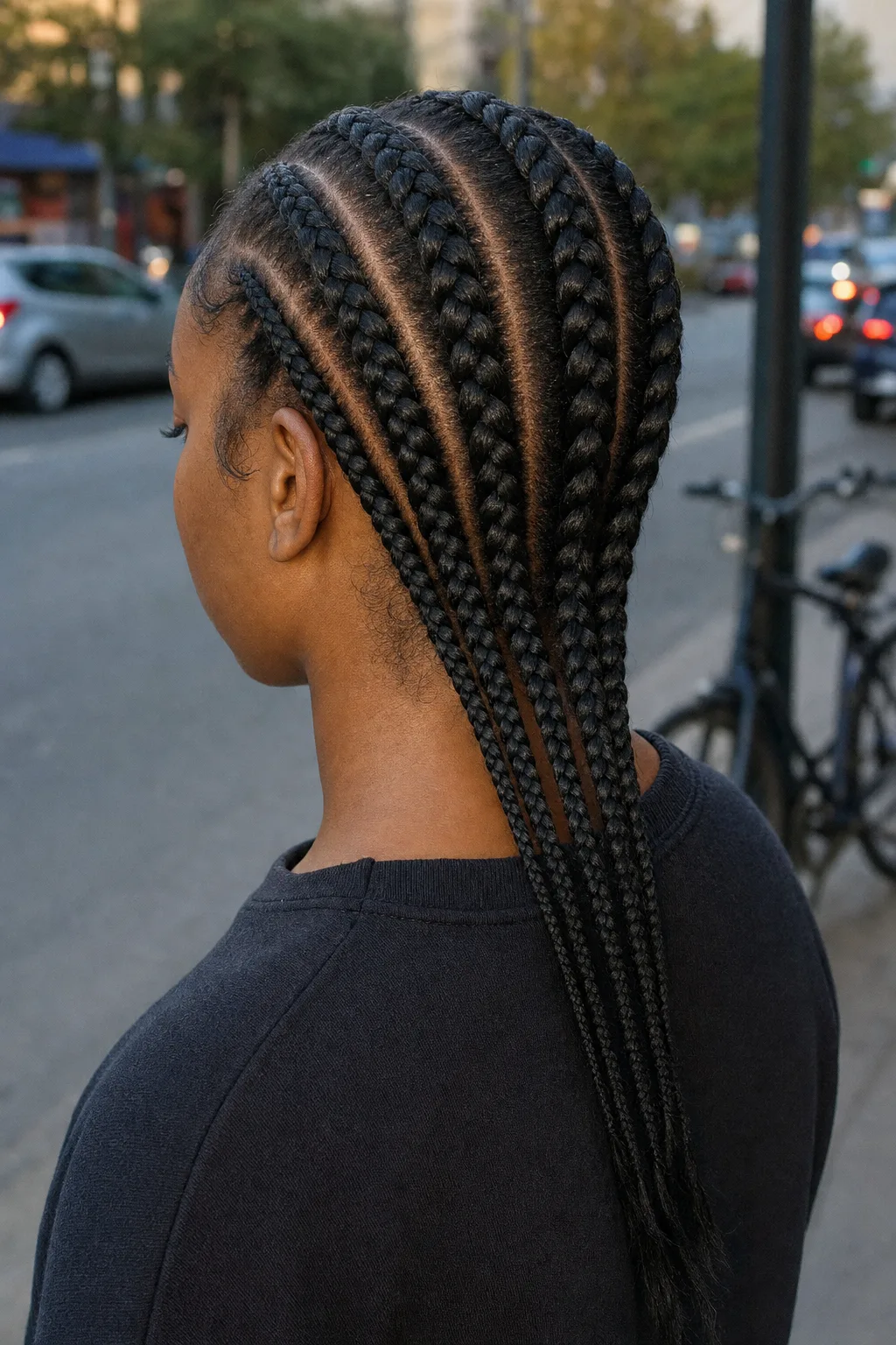 Rear view of straight-back feed-in cornrows in black, six flat rows running to the nape with long tails