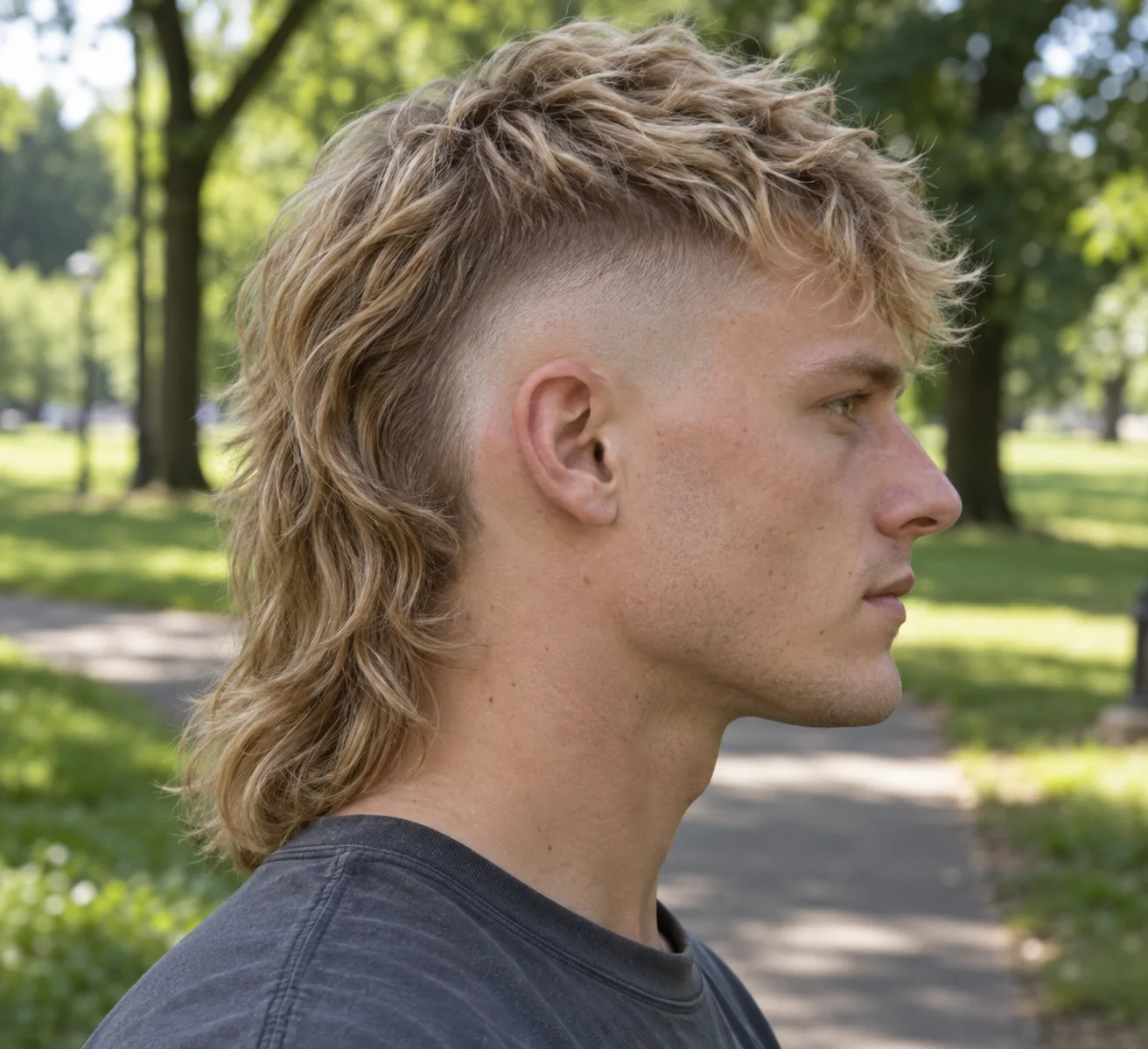 Right side profile of a man with a wavy blonde mullet in a park, the sides faded to bare skin up past the temple and long hair hanging behind the ear to the neck