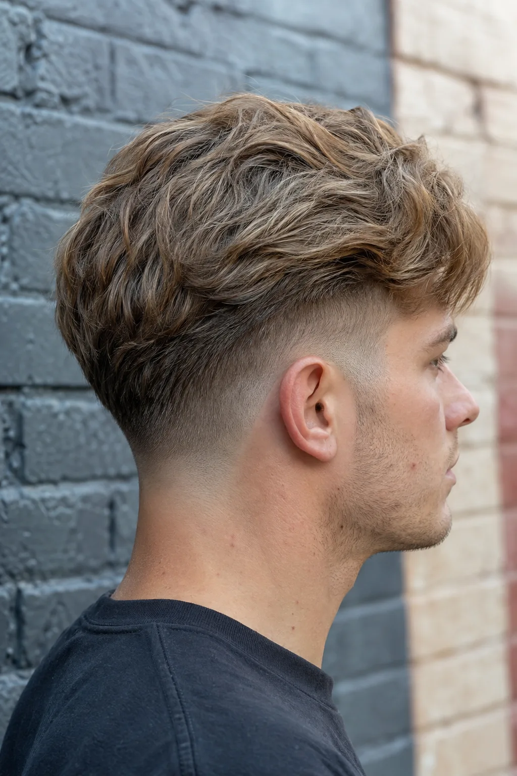 Right side profile of a young man whose side keeps its full length and weight, with only a narrow soft band tapered along the hairline around the ear and down the nape and no bare skin anywhere