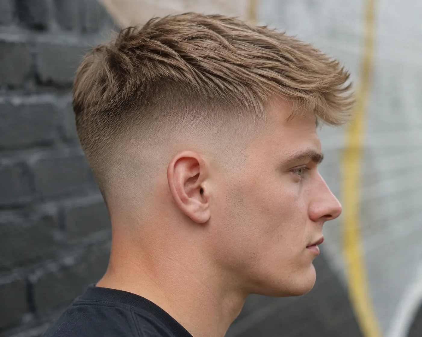 Right side profile of a young man with dirty blonde hair, the whole side of his head clipped down to bare skin from the sideburn upward and the short work stopping above his ear, with a textured crop left long on top