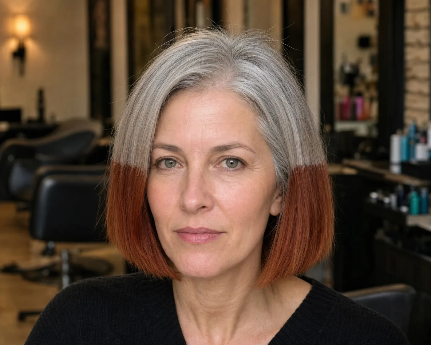 Salon portrait of a woman with a chin length bob, silver at the top and coppery auburn below a sharp line at eye level