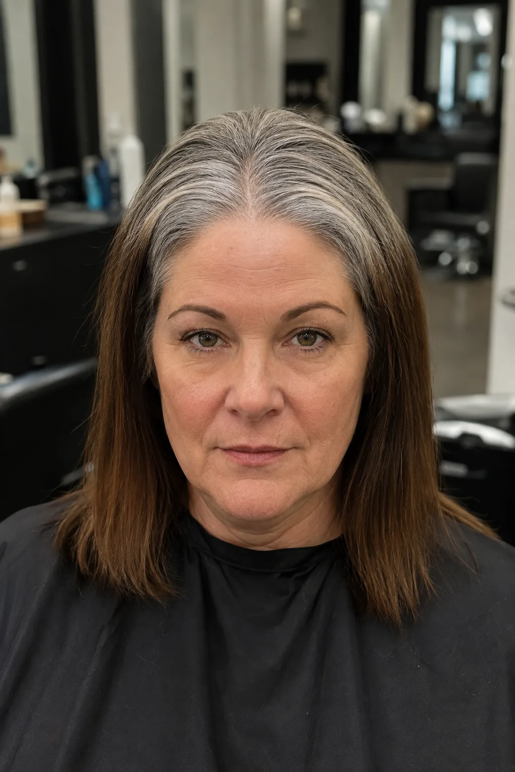 Salon portrait of a woman with a wide grey regrowth band down to the cheekbones above mid brown dyed lengths