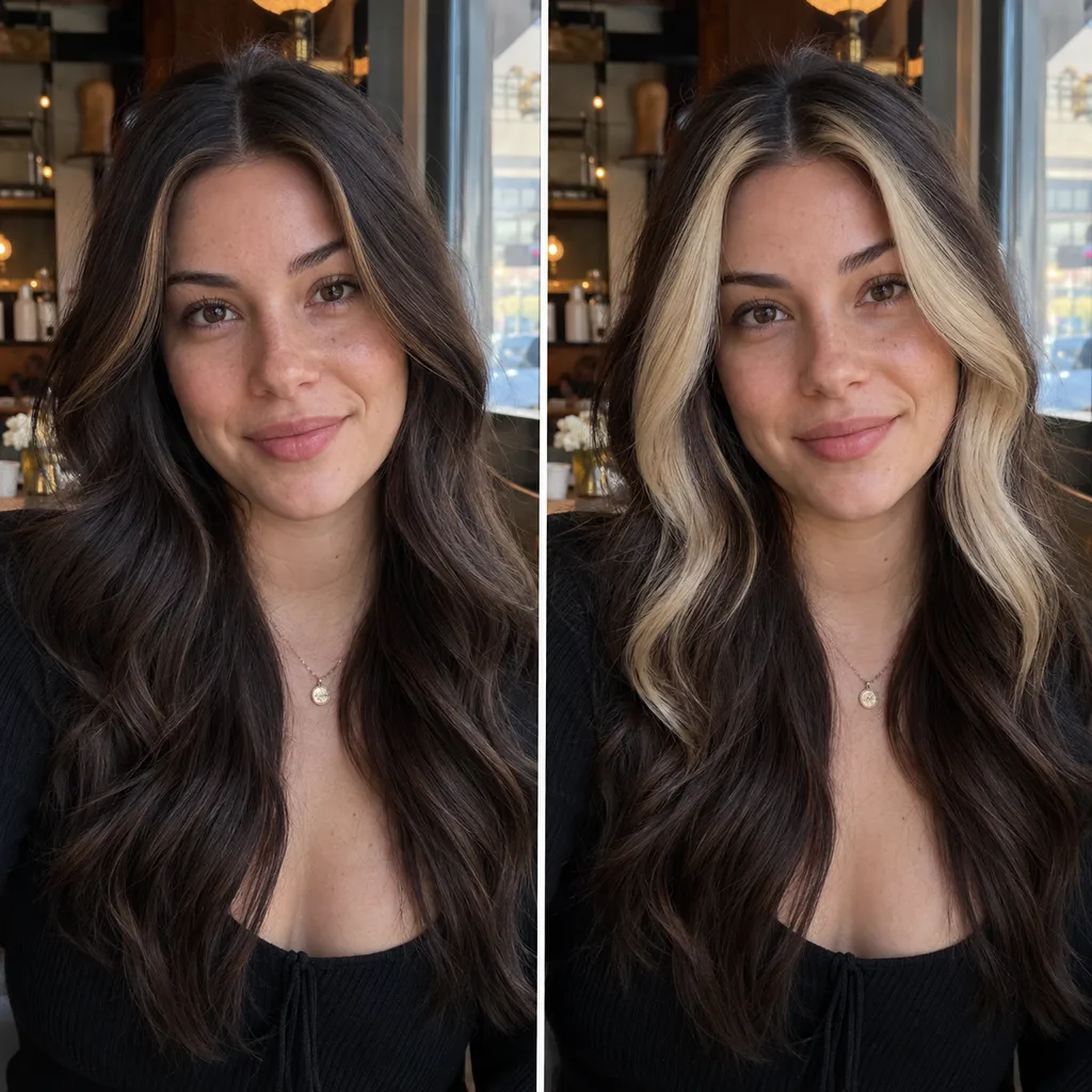 Side by side of the same woman with dark brown hair, a thin subtle caramel money piece on the left and a wide platinum money piece on the right