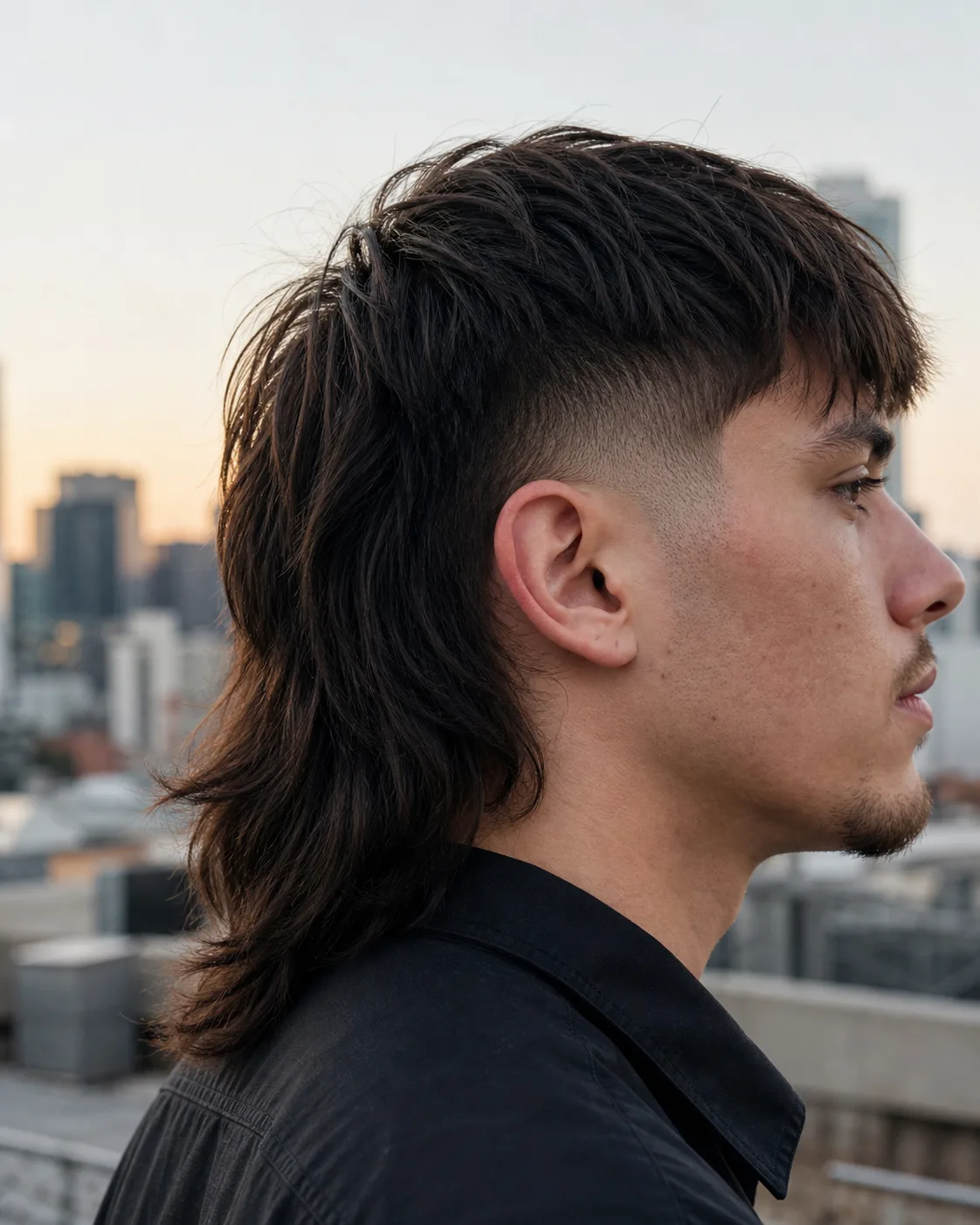 Side profile of a burst fade mullet, the short section cut as a semicircular arc radiating around the ear and blending longer toward the temple and the back, with textured length running past the collar