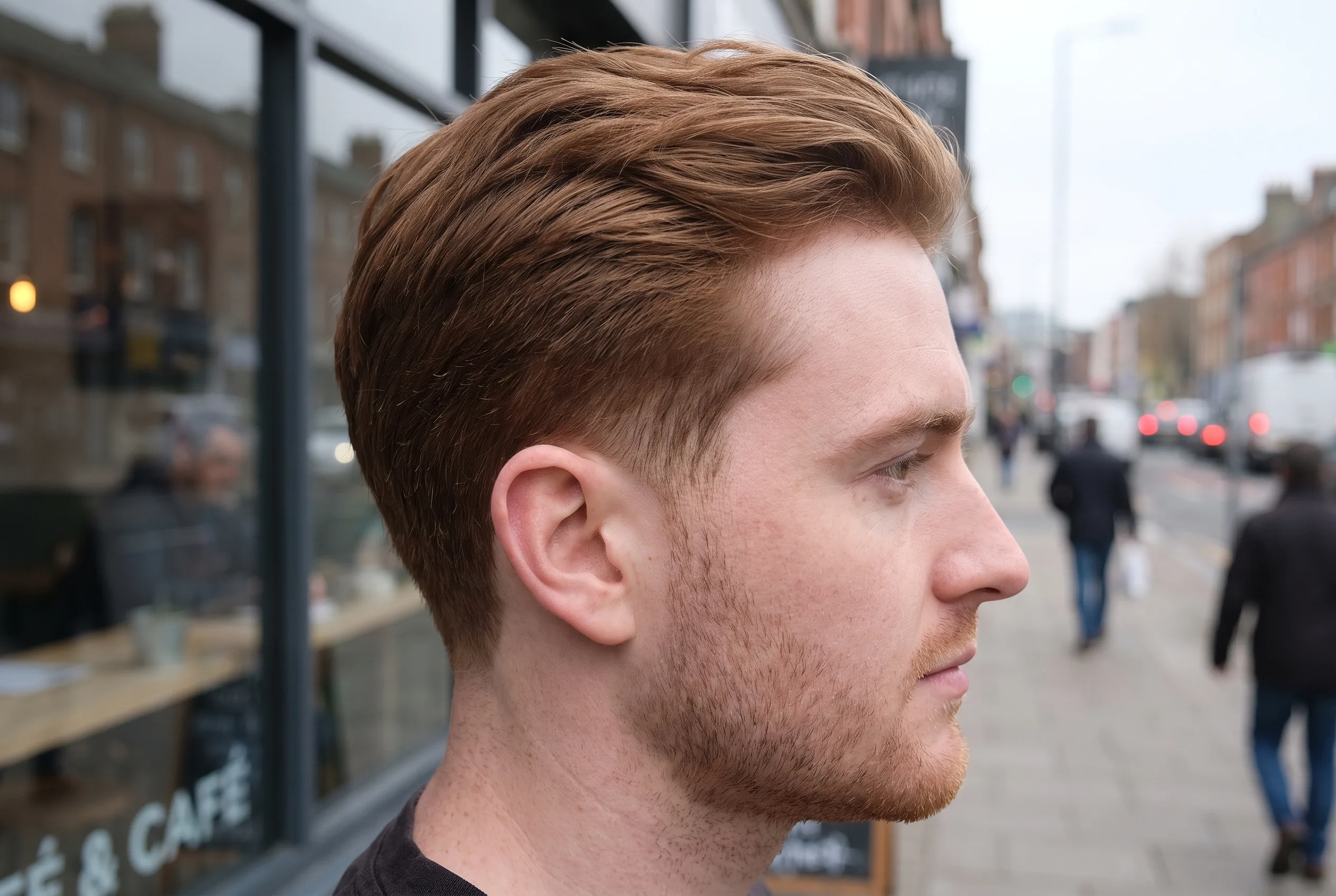 Side profile of a ginger haired man with a beard on a city sidewalk, the tapered band wrapping over and behind the ear and softening into stubble at the sideburn, long side swept hair above it