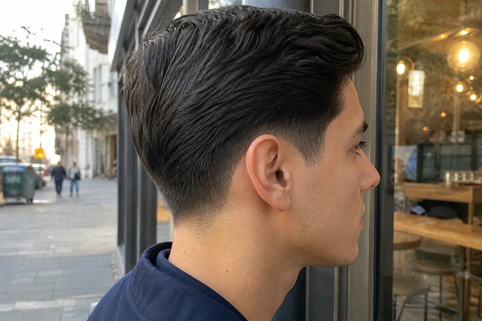 Side profile of a low taper fade on straight dark hair, the hair full down to a line just above the ear and graduated short only in the narrow band around the ear and along the neckline