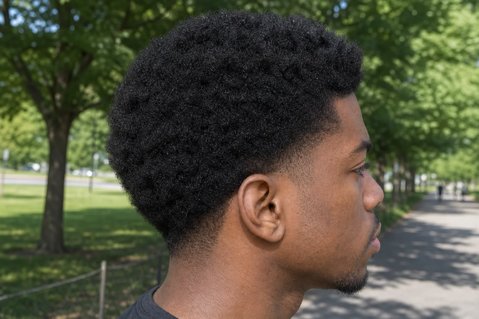 Side profile of a low taper fade on tightly coiled hair, the afro keeping its full height and round shape while a narrow band by the ear and along the nape is taken short