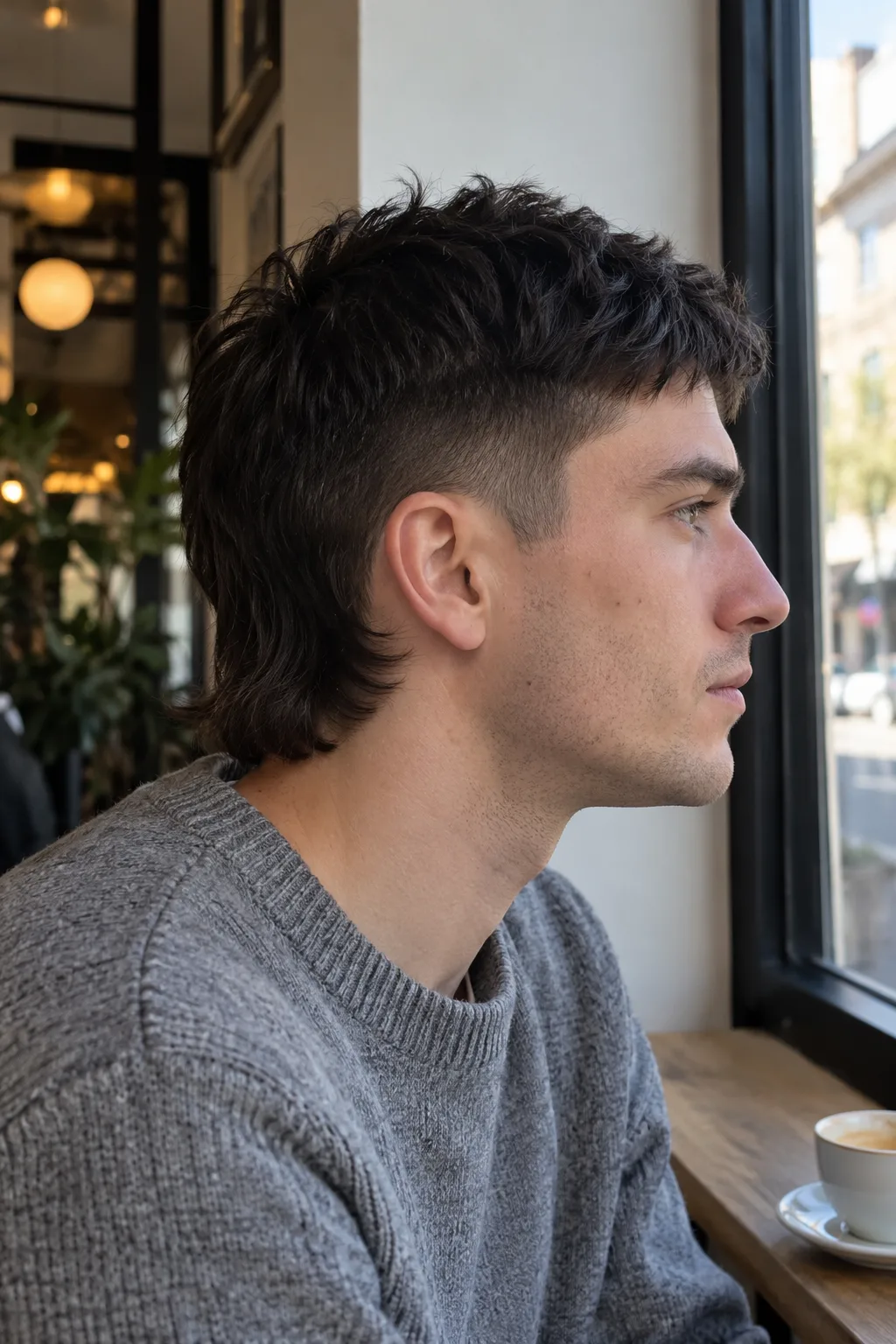 Side profile of a man with a black straight short mullet in a cafe window seat, a skin fade around the ear, a piecey textured top and the back ending past the nape above his grey sweater