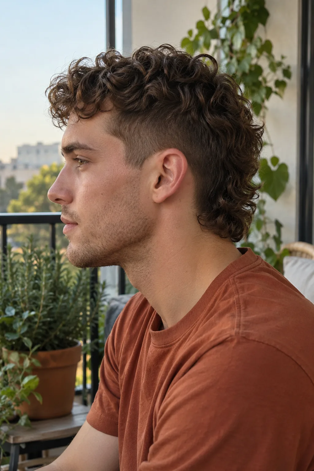 Side profile of a man with a chestnut curly short mullet on an apartment balcony, the sides faded short around the ear and a curly tail at the nape above his rust t shirt