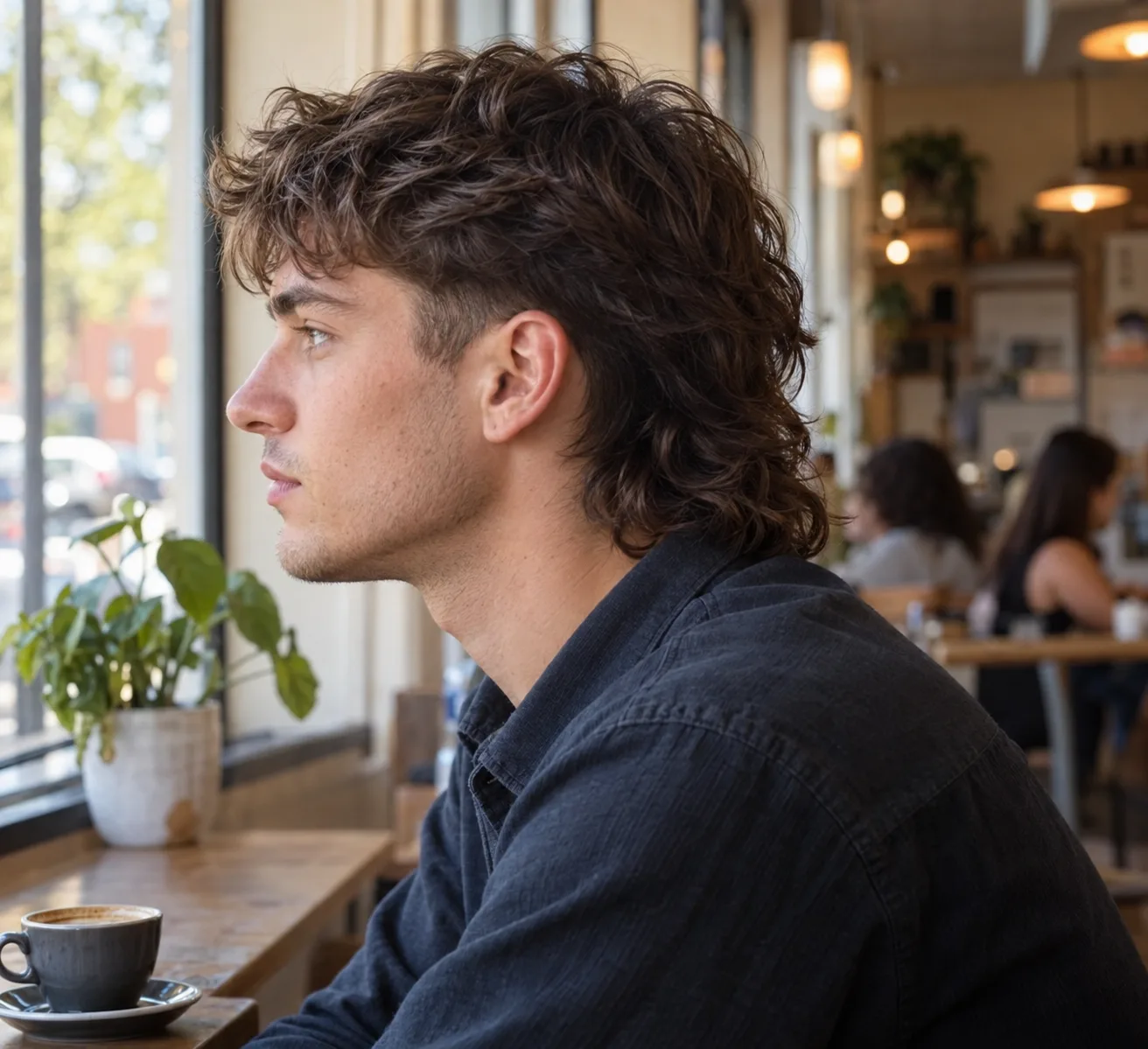 Side profile of a man with dark brown wavy hair in a coffee shop window seat, the sides only lightly tapered above the ear and the back curling onto his shirt collar