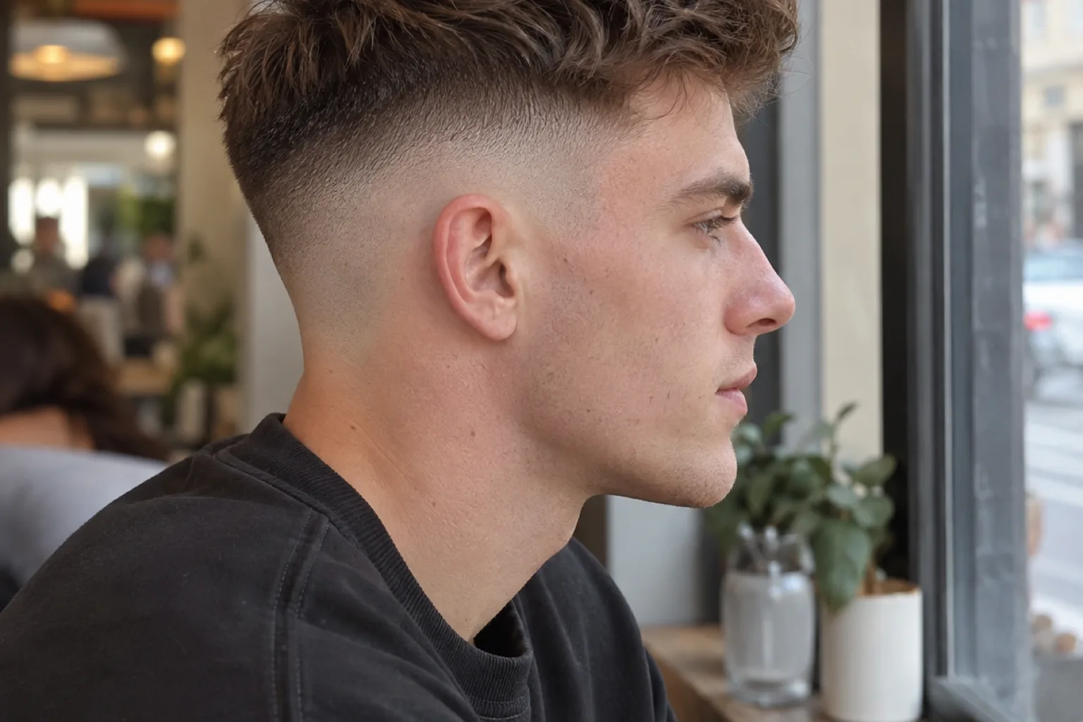 Side profile of a mid bald fade, bare skin at the bottom of the side blending up to temple height