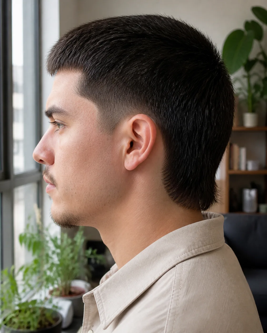Side profile of a soft blended mullet, the sides tapered close with no visible step, a short lightly textured top, and the length stopping at the nape rather than the collar