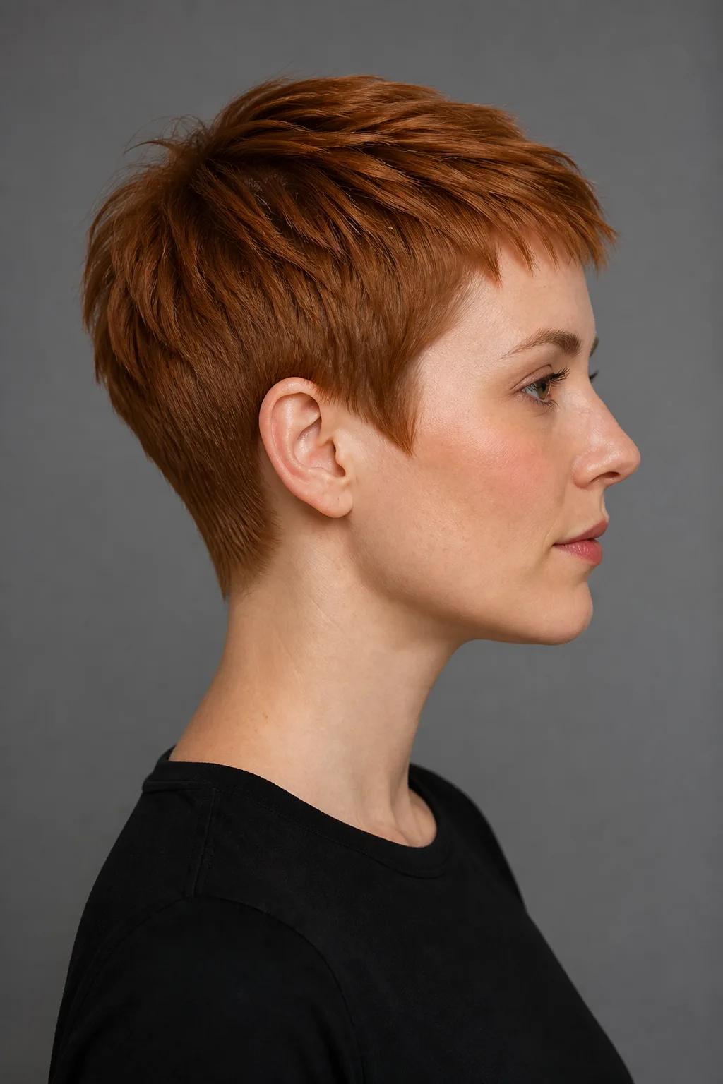 Side profile of a woman with a short copper pixie crop, exposed ear, and forward piecey top