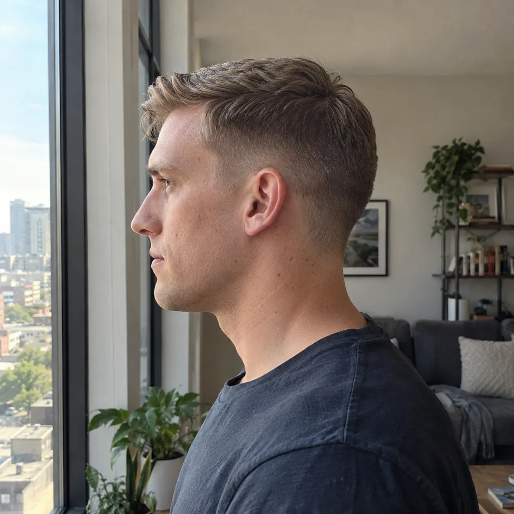 Side profile of a young man by an apartment window, his dirty blonde sides graded from very short at the ear to longer near the top