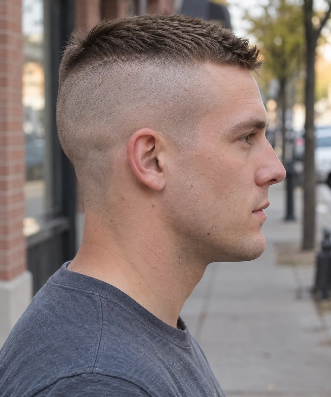 Side profile of a young man on a city sidewalk with a high and tight haircut, the sides clipped close all the way up to near the top of the head under a short textured top