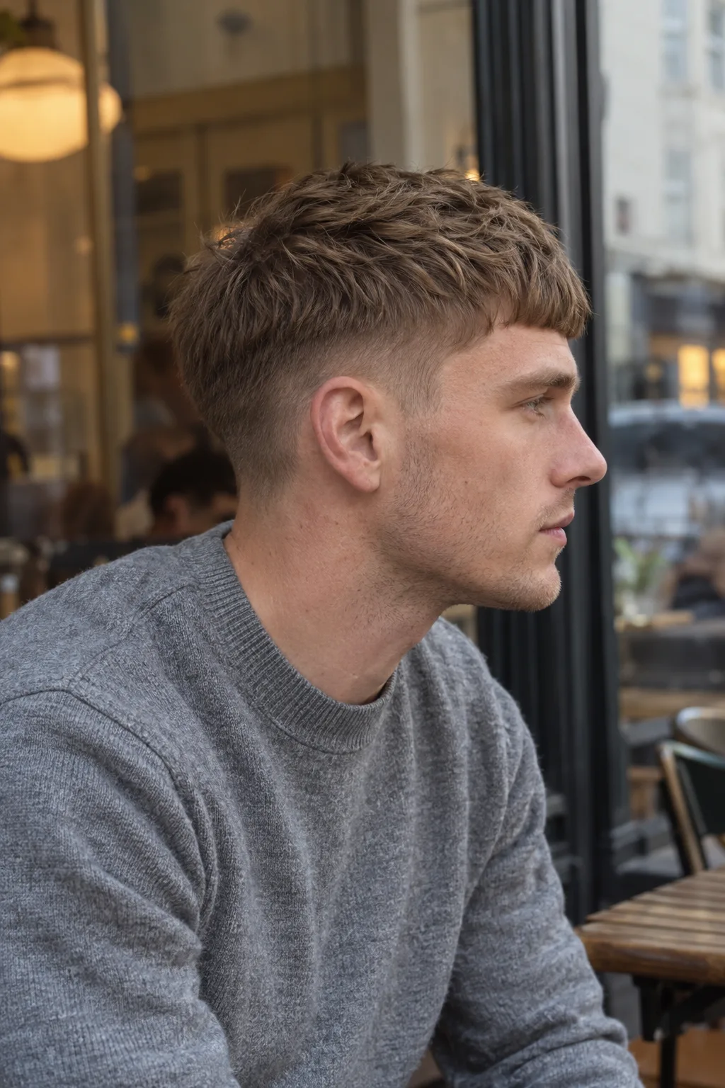 Side profile of a young man with a dirty blonde French crop, the top brushed forward to a short fringe over a low fade, in a cafe window