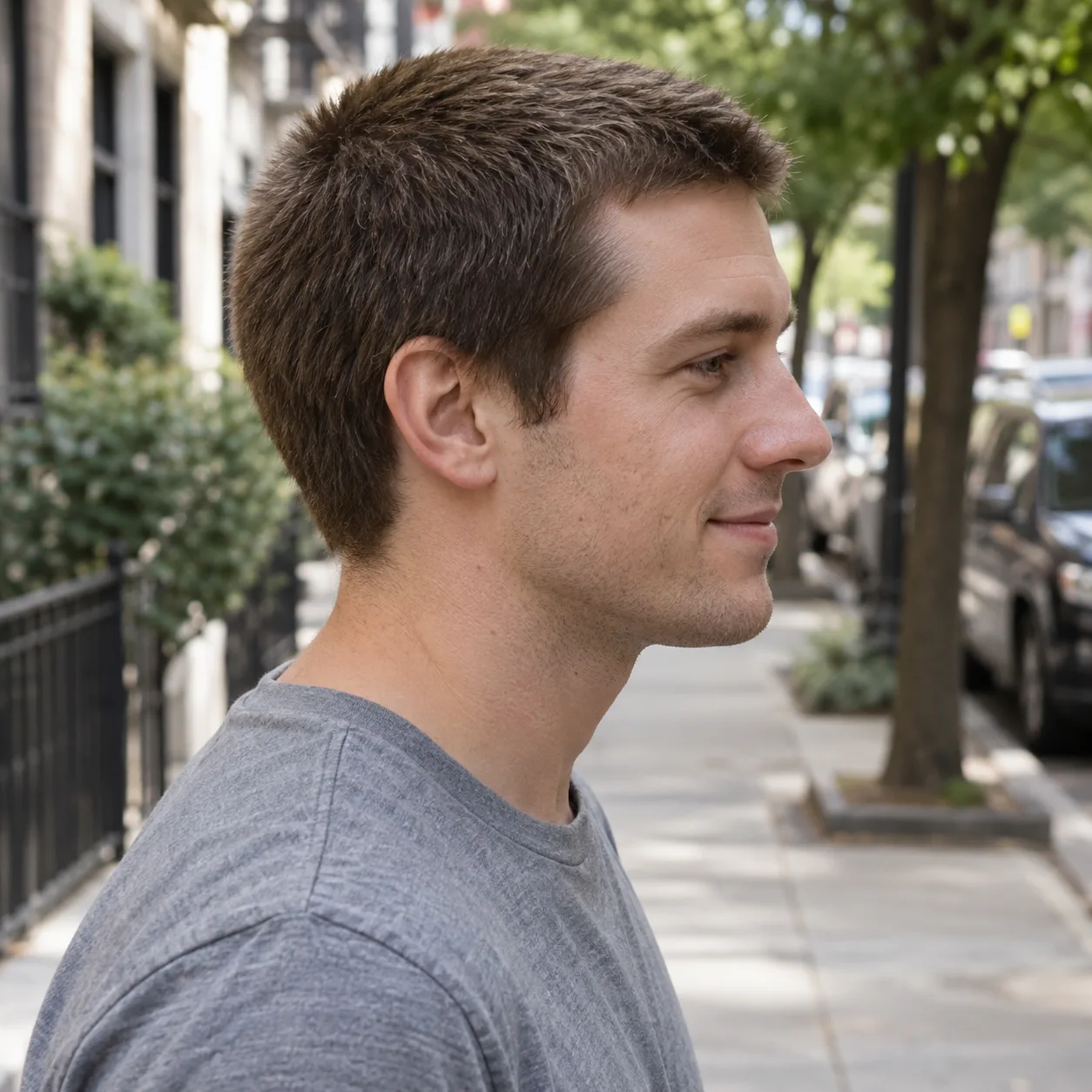 Side profile of a young man with a mid brown 8 guard buzz cut, one even inch over the whole head, on a city sidewalk
