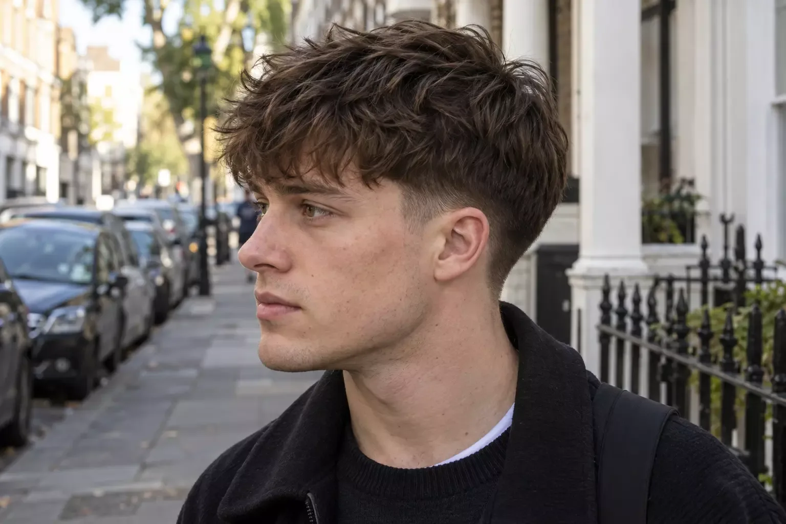 Side profile of a young man with a mid brown textured fringe and a low taper fade above the ear, on a city sidewalk