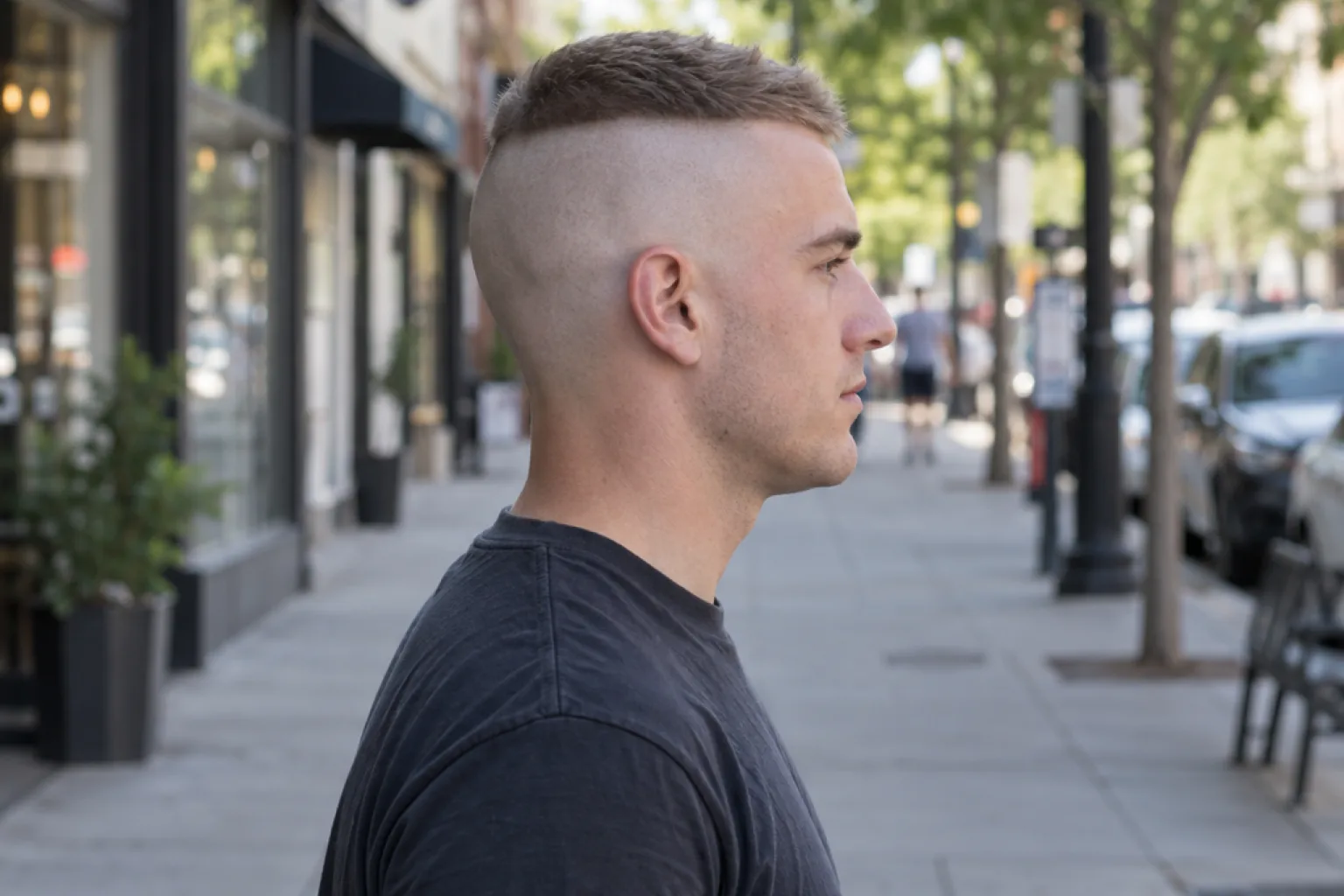 Side profile of a young man with light brown hair on a city sidewalk, the sides and back shaved to bare skin high up the head with only a short patch of hair left on top