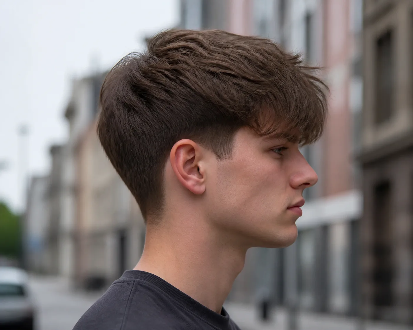 Side profile of a young man with mid brown hair, about three inches of textured length on top swept forward so the fringe reaches his eyebrow, and scissor tapered sides