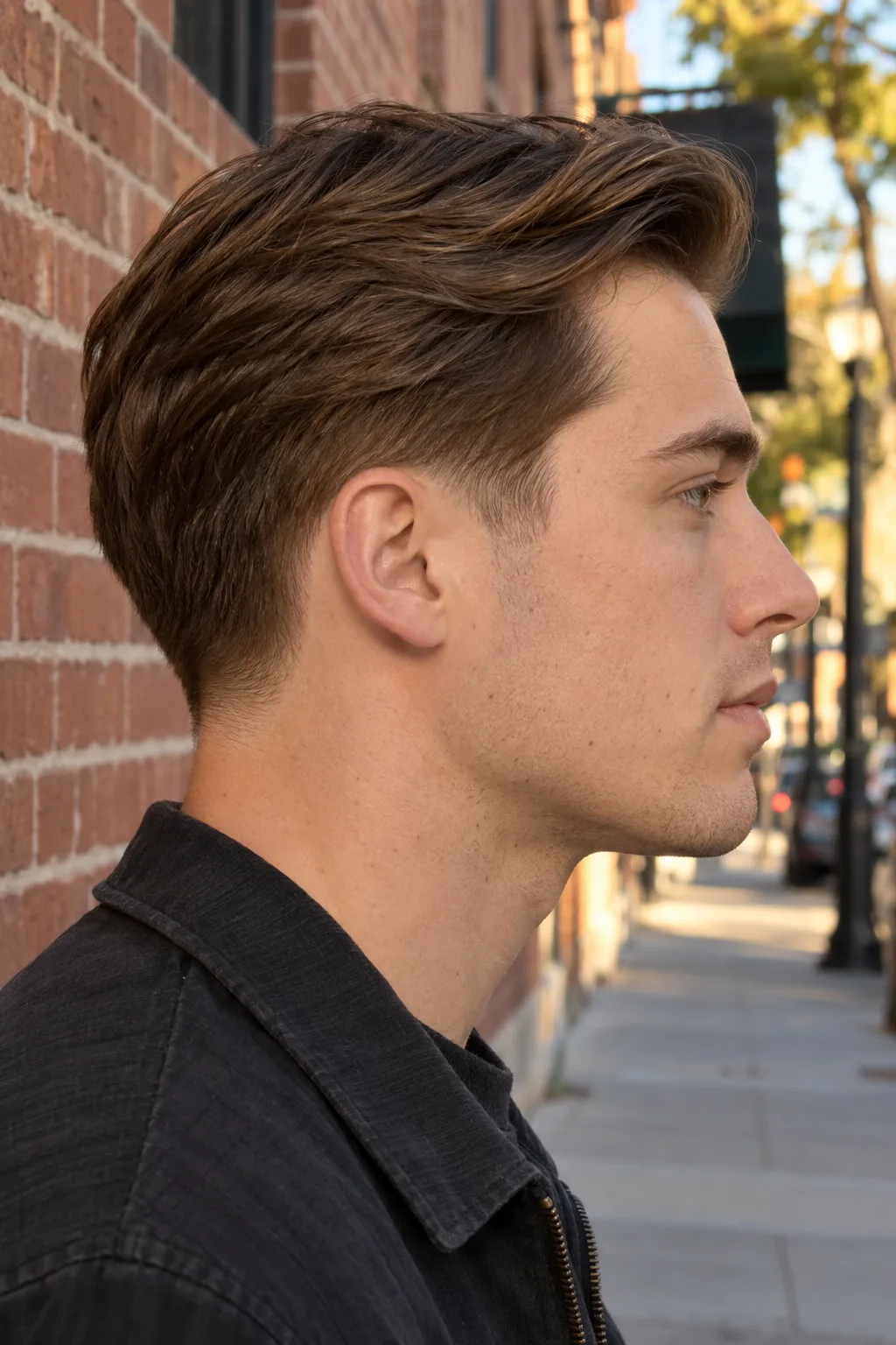 Side profile of a young man with straight mid brown hair swept back, the sideburn and the hair around the ear tapered short in a soft narrow band, by a brick wall