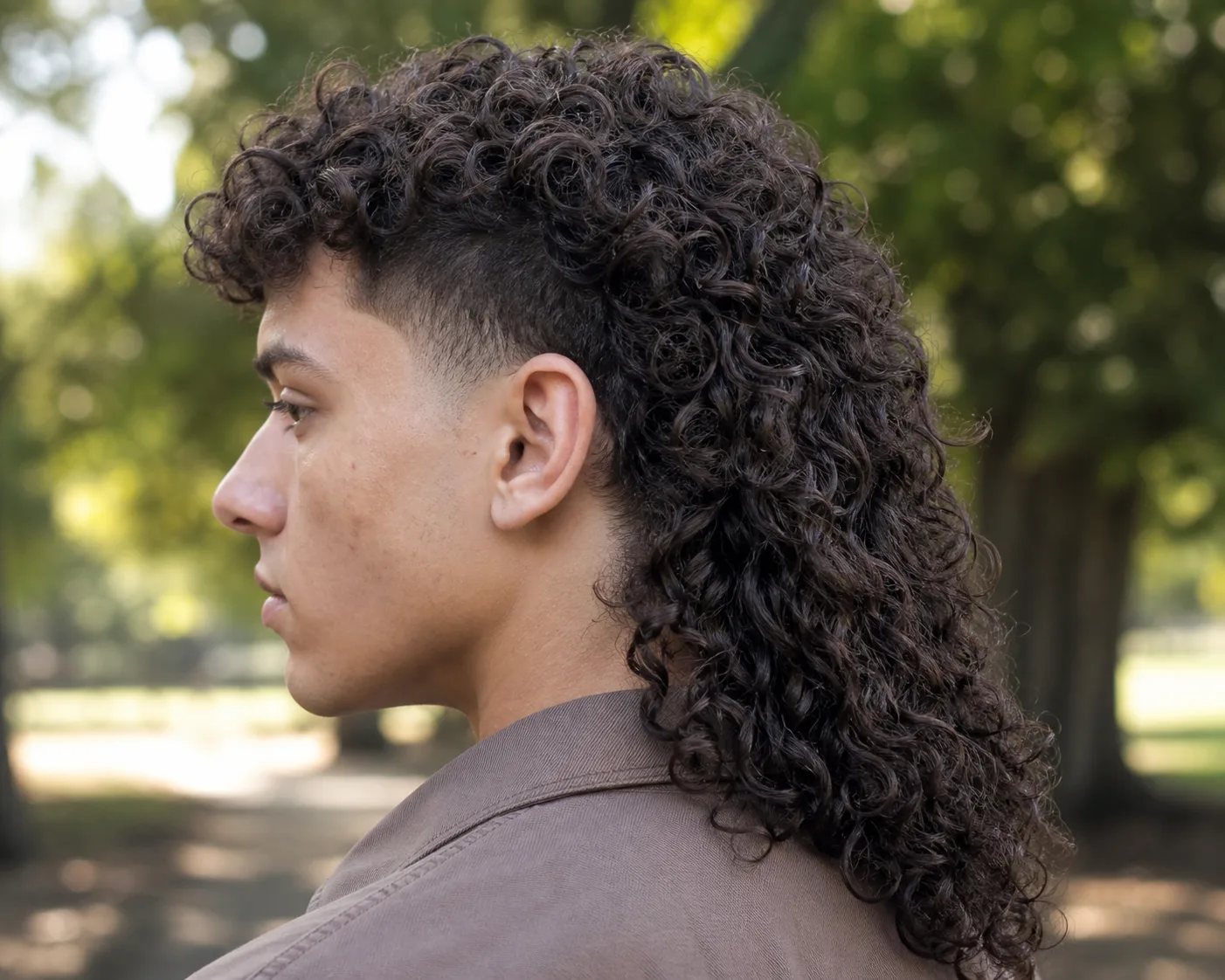 Side view of a man with a curly mullet, the side faded short and the curl left long enough to fall past the nape