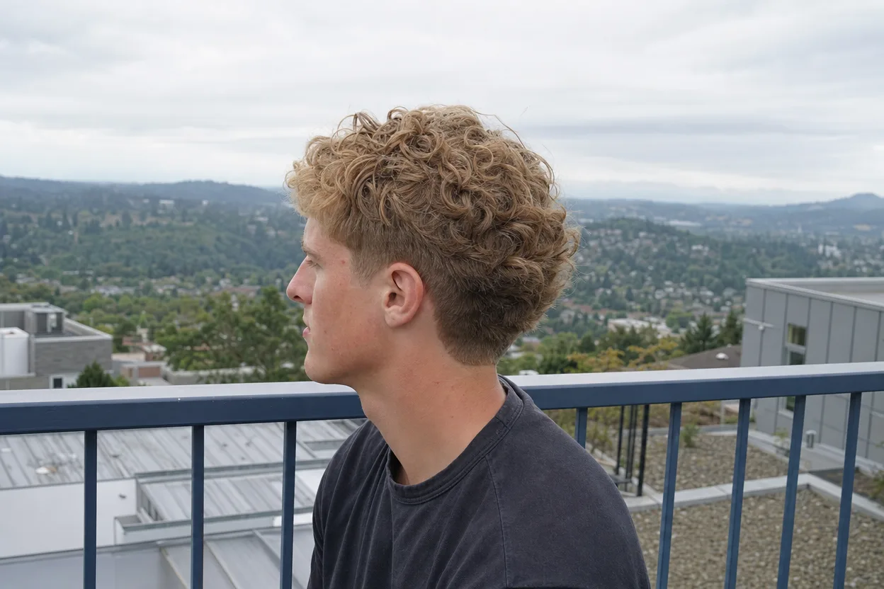 Three-quarter view of a blonde man with a loose perm on top and a low taper around the ear, on a balcony