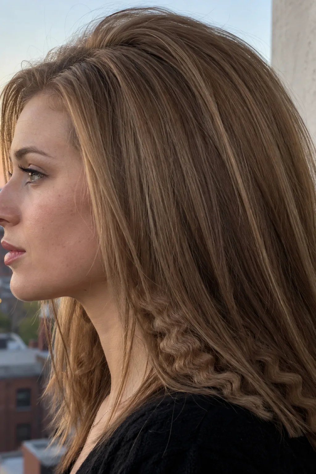 Side view of a smooth glossy top layer lifted high off the crown with the crimped under layer showing only at the ends
