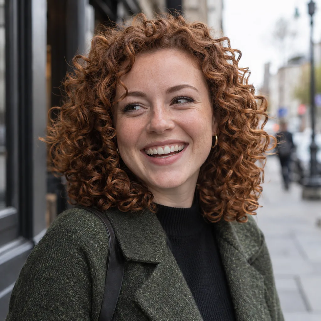 Smiling woman on a city sidewalk with shoulder-length auburn ringlet curls