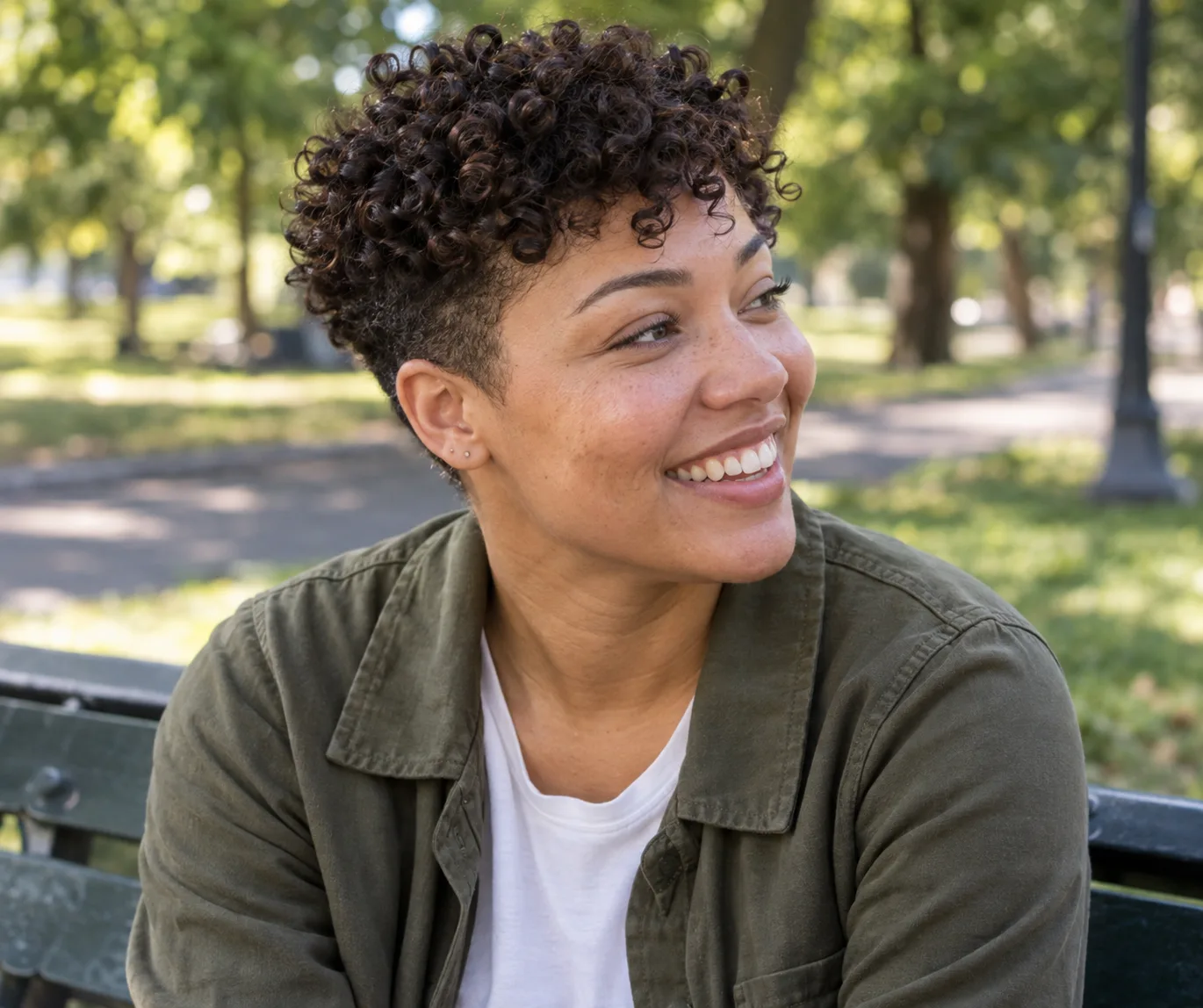 Smiling woman on a park bench with a curly taper, ringlet curls on top and short sides