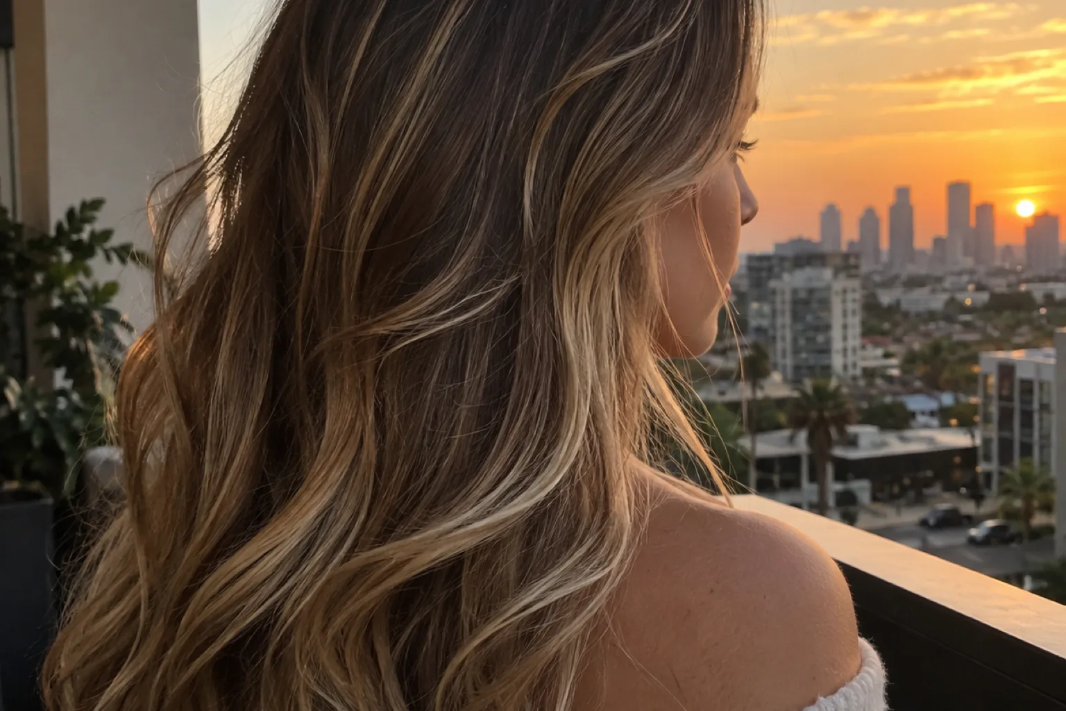 The back of a woman's head at sunset on a balcony, long brown hair ribboned with both blonde highlights and deeper mocha lowlights