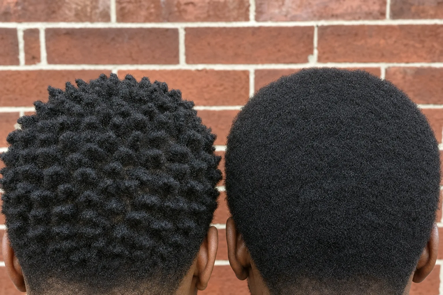 The back of two heads side by side, the left with a visible repeating coil pattern, the right with dense 4c hair showing no pattern