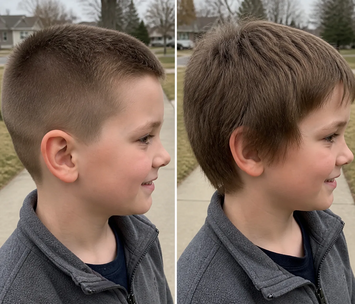 The same boy in side profile twice: on the left a fresh short crew cut with close-clipped sides and a clean edge around the ear, on the right the same cut grown out, covering the top of the ear and shaggy at the neck